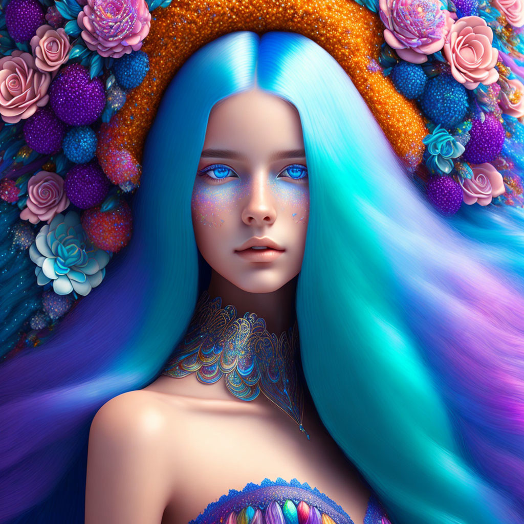 Surreal portrait of woman with blue skin and vibrant blue hair