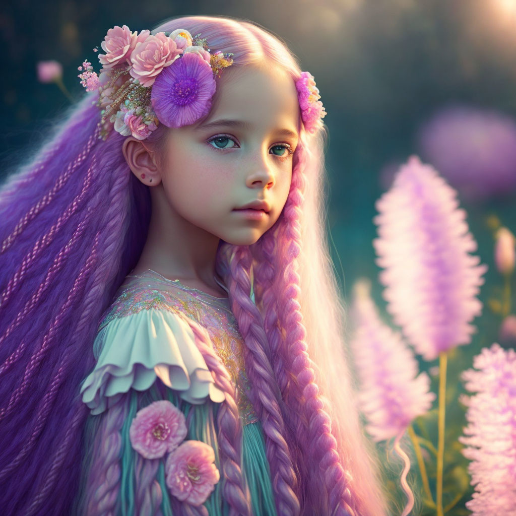 Young girl with purple braided hair and flowers in a garden under sunlight