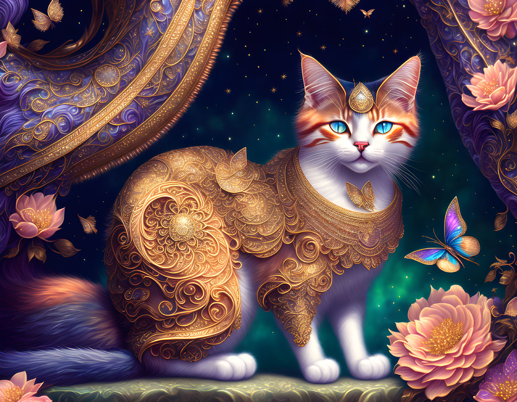 Majestic cat in gold armor surrounded by fantasy elements