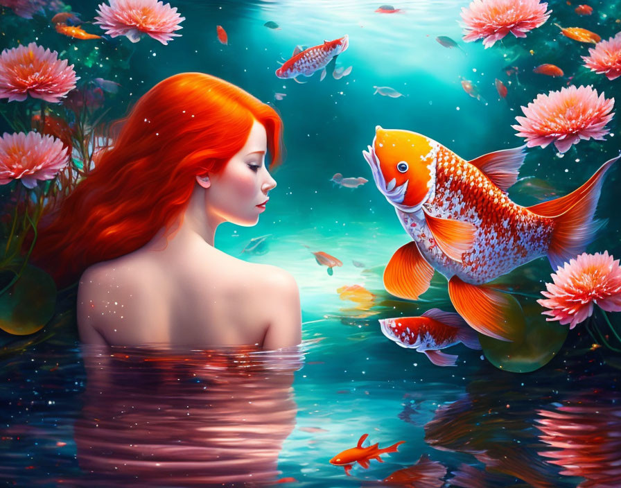 Red-haired woman with orange koi fish and pink water lilies in mystical underwater scene