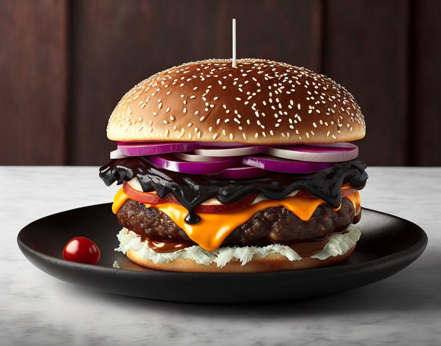 Classic double cheeseburger with onions, lettuce, sauce, sesame seed bun, and cherry tomato on dark