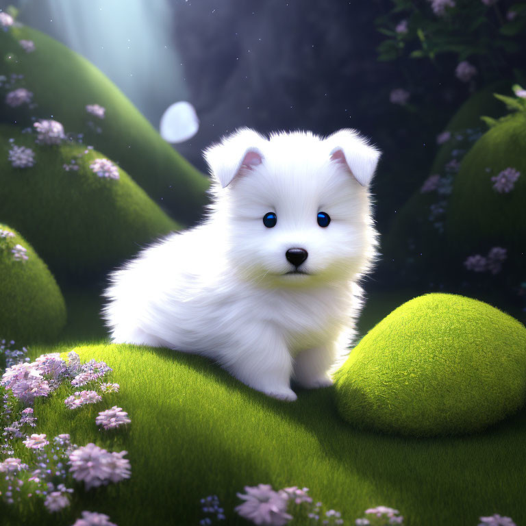 Fluffy White Puppy with Blue Eyes on Green Grass with Purple Flowers