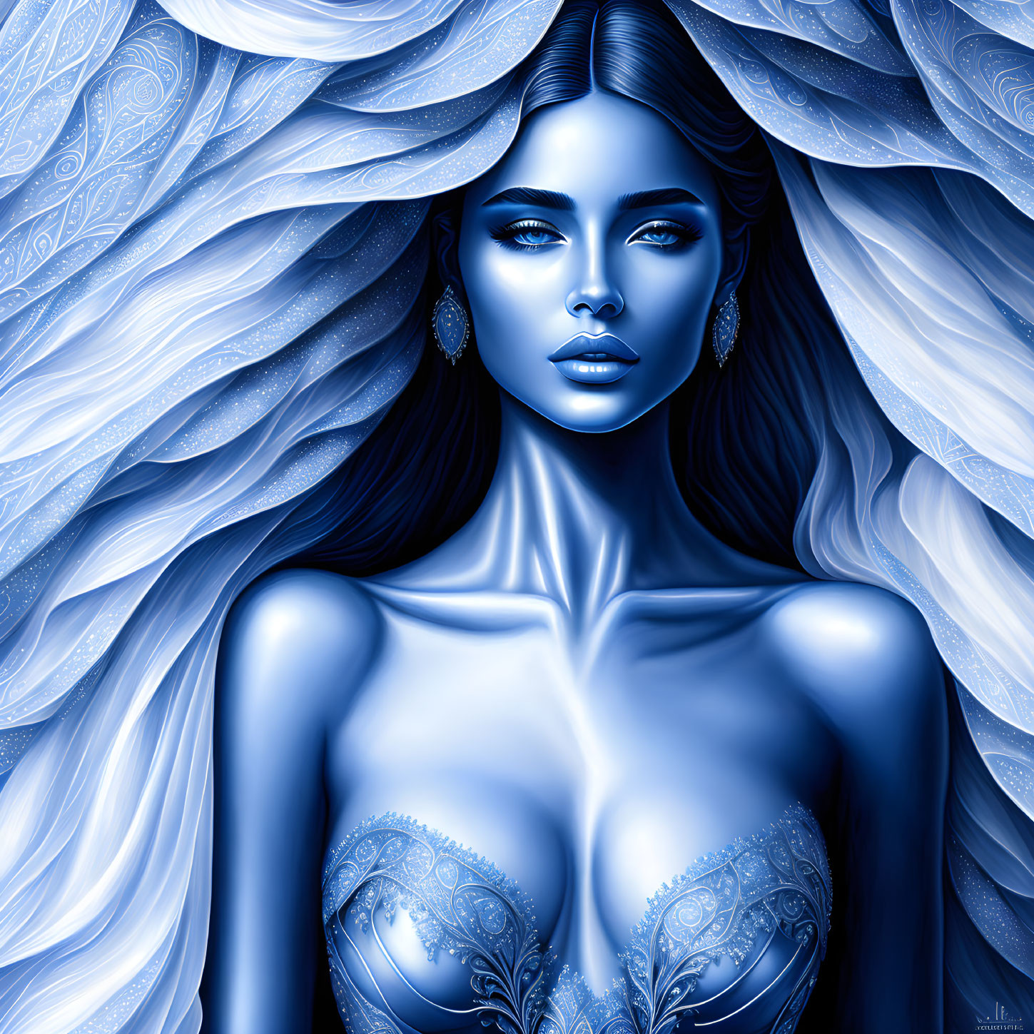 Ethereal digital artwork of woman with blue skin and flowing hair