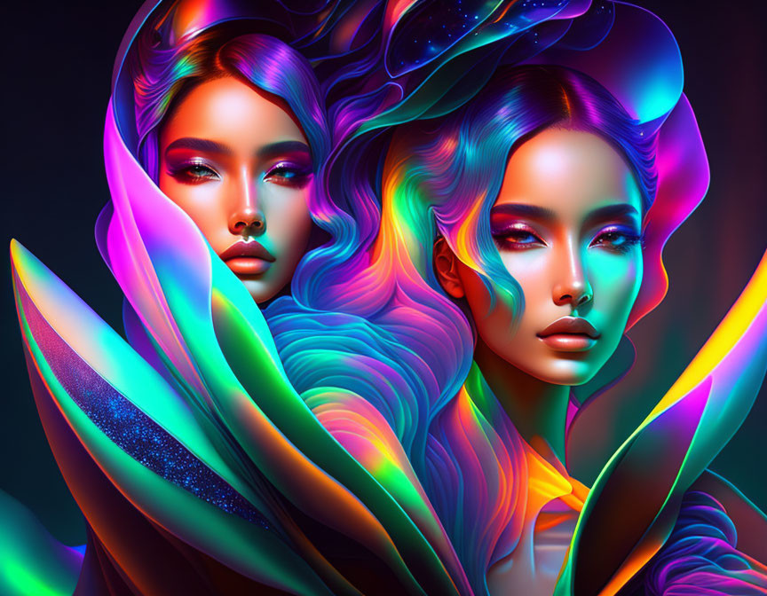 Colorful digital artwork: Two women with iridescent hair and butterfly wings