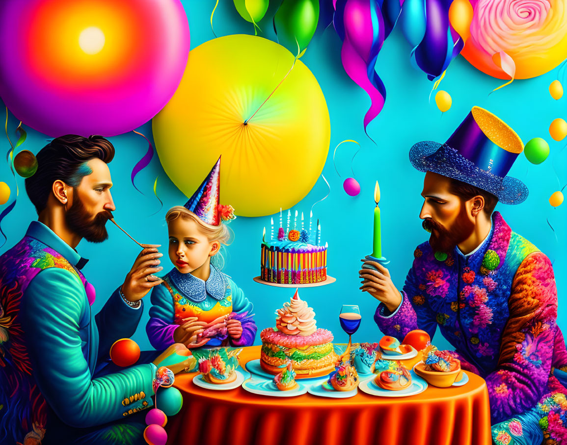 Colorful Birthday Party Scene with Bearded Men and Child Celebrating