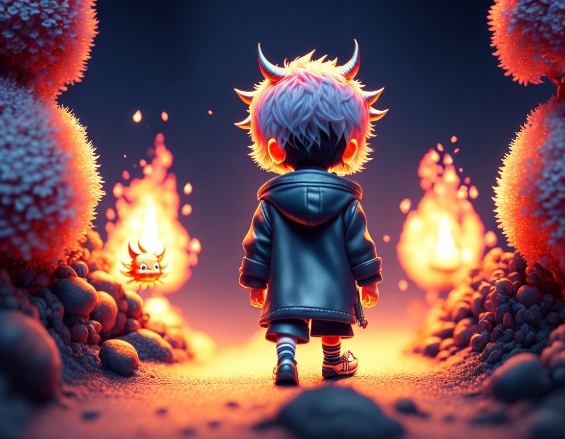 Illustration of child with horns and leather jacket in glowing plant-filled landscape