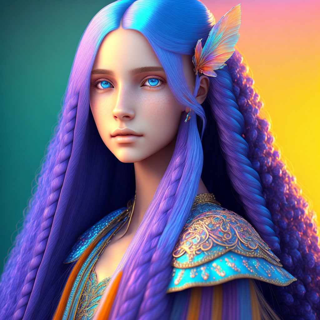 Digital Artwork: Woman with Blue Braided Hair & Ornate Armor