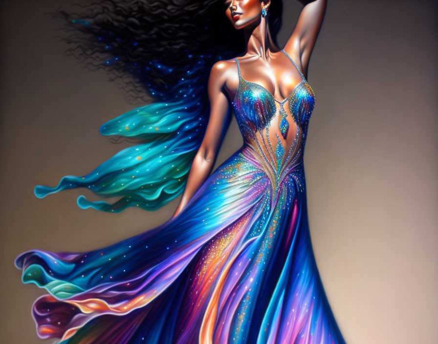 Elaborate Blue and Purple Sparkling Gown Resembling Starry Night Sky