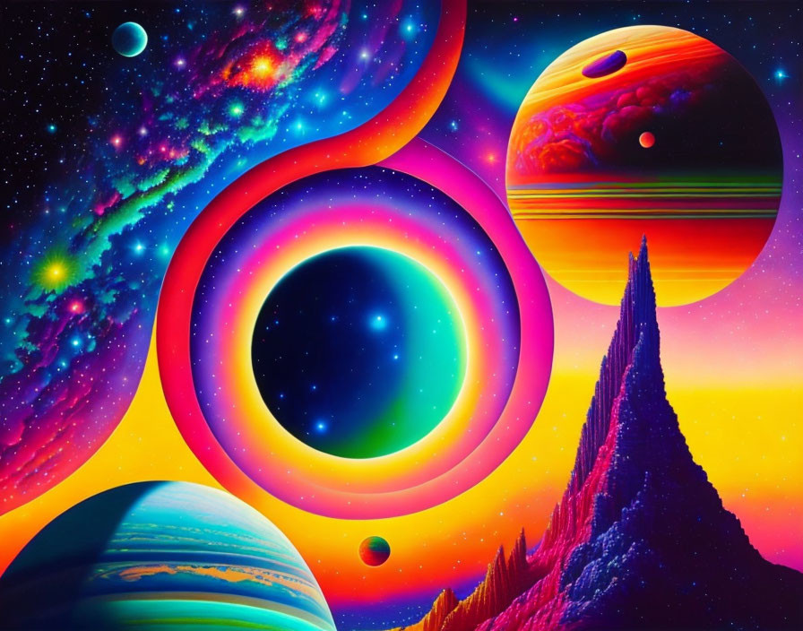 Colorful cosmic landscape with planets, moons, stars, and nebula against mountainous terrain