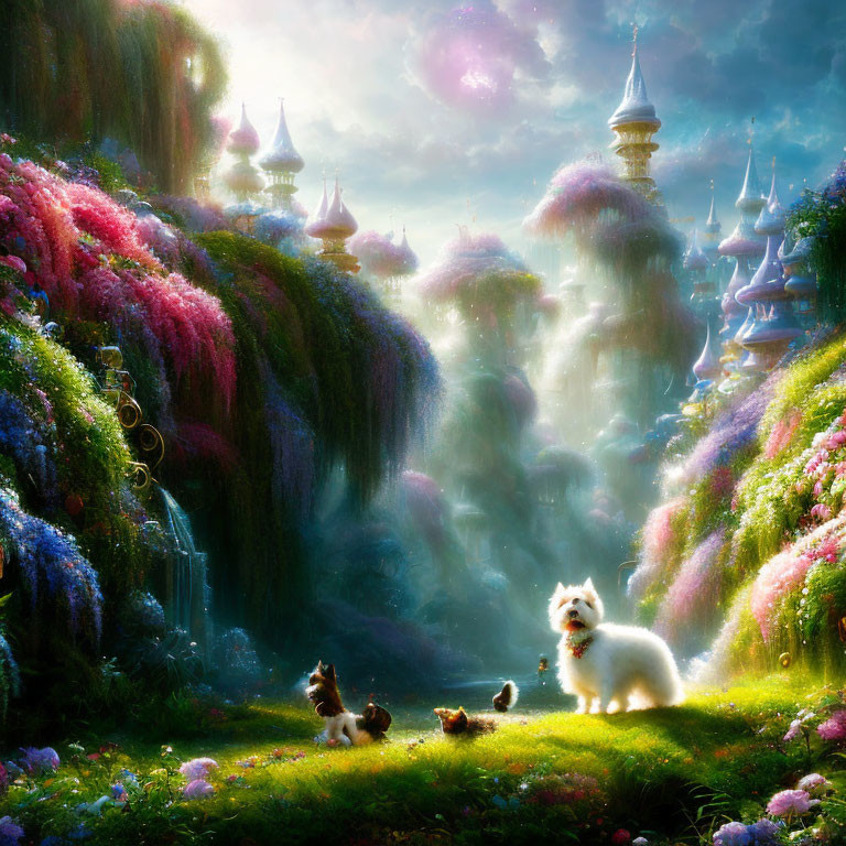 Fantastical landscape with animals, trees, waterfalls, and castles under a radiant sky