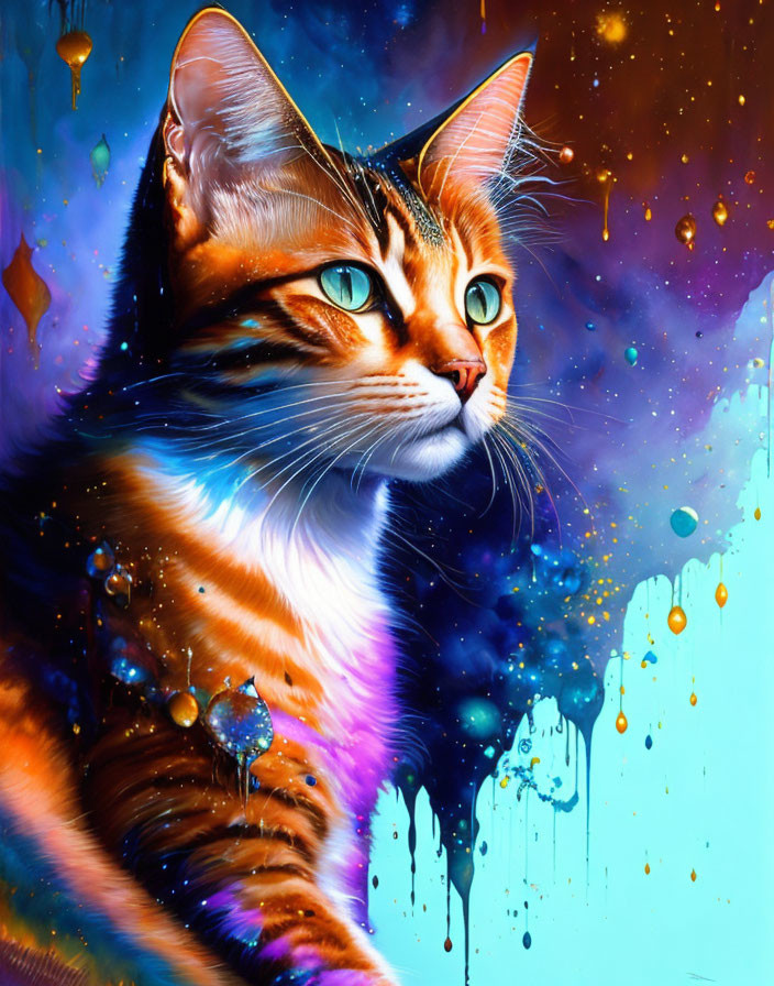 Colorful Cosmic Cat Artwork with Green Eyes and Lanterns