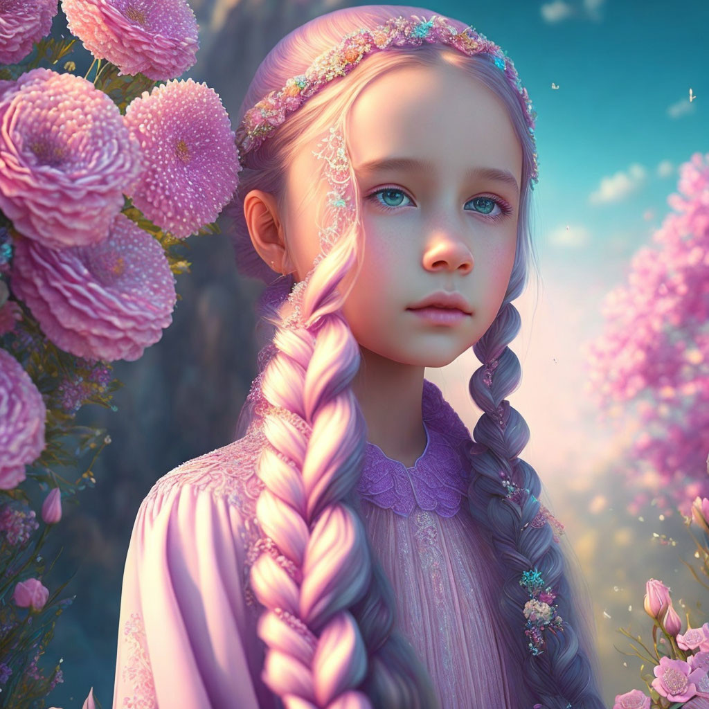 Young girl with braided hair surrounded by pink blossoms in dreamlike scene