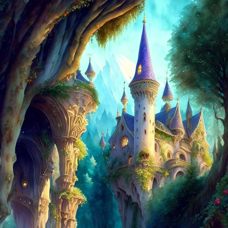 Majestic fairy-tale castle in lush forest with blue spires