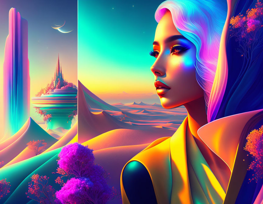 Colorful hair woman in surreal neon landscape with desert dunes and futuristic structures