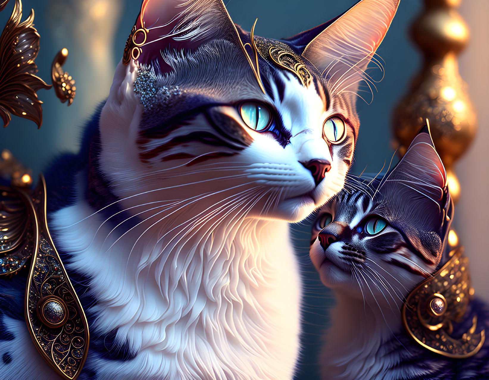 Ornately adorned cats with striking eyes in warm golden light