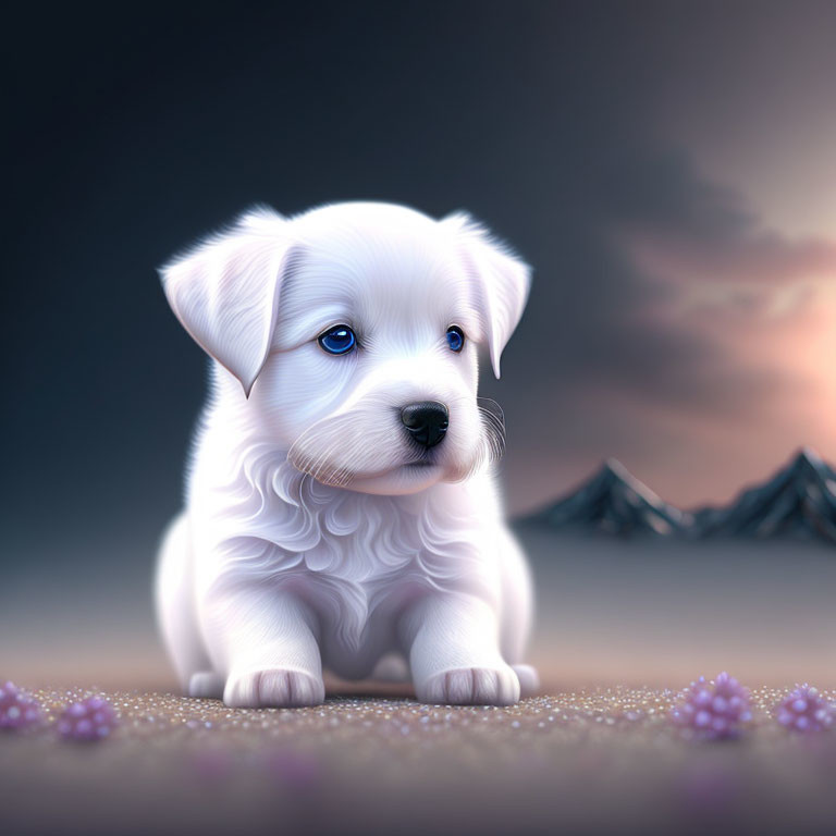 White fluffy puppy in serene twilight setting with distant mountains