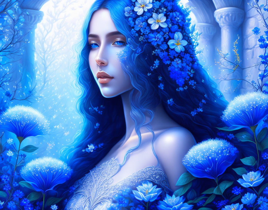 Illustration of woman with blue flowers in hair on vibrant floral backdrop