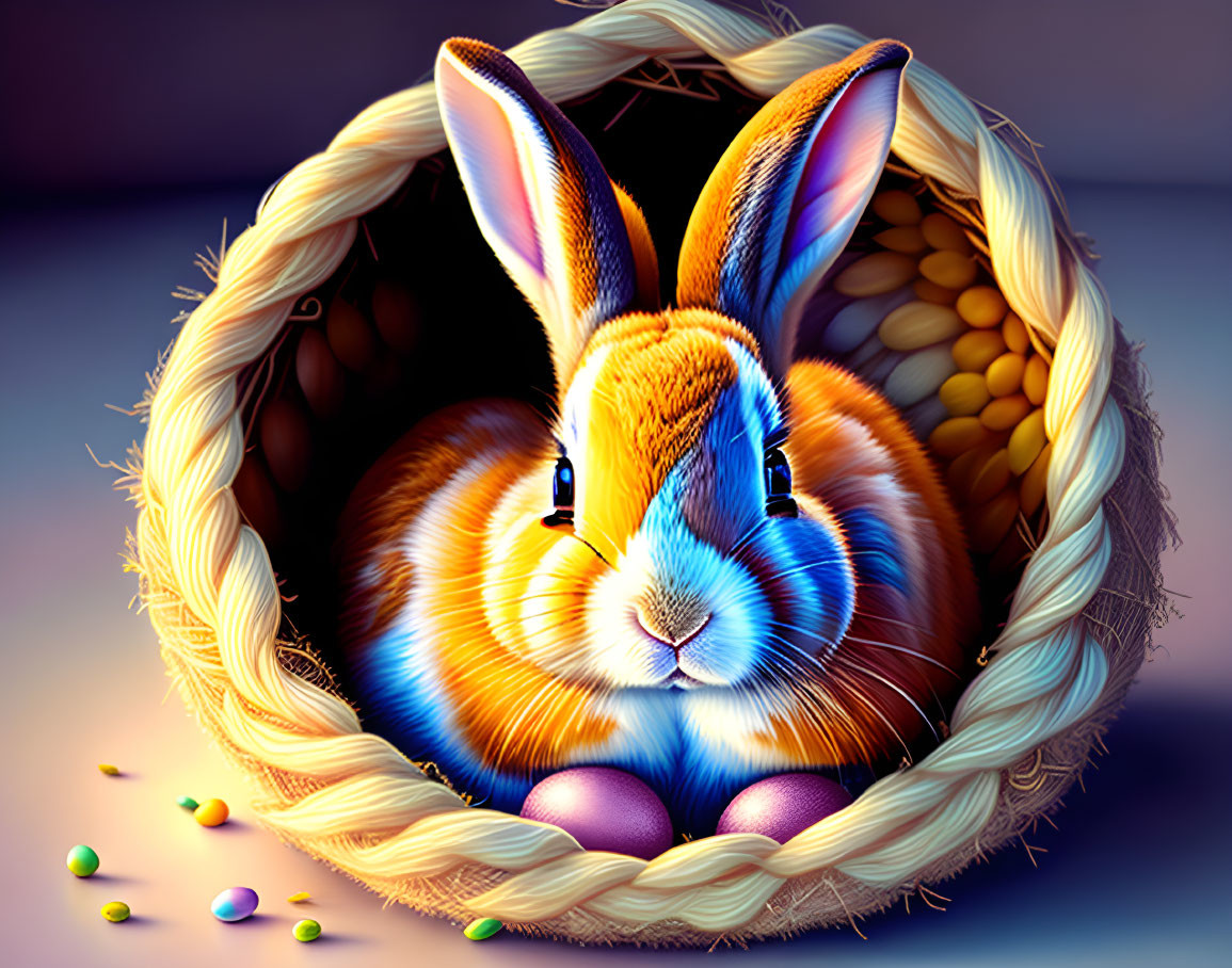 Colorful Easter rabbit in basket with eggs and candies on soft background