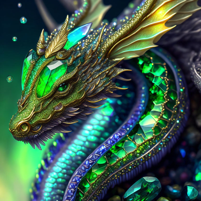 Detailed illustration of a green dragon with emerald eyes and gold accents in a bubble-filled scene