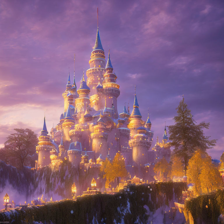 Enchanting castle at twilight on snowy cliff under purple sky