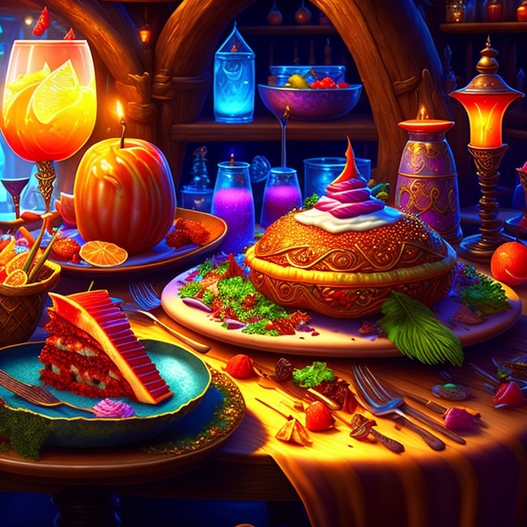 Colorful Fantasy Feast with Glowing Drink and Golden Pie