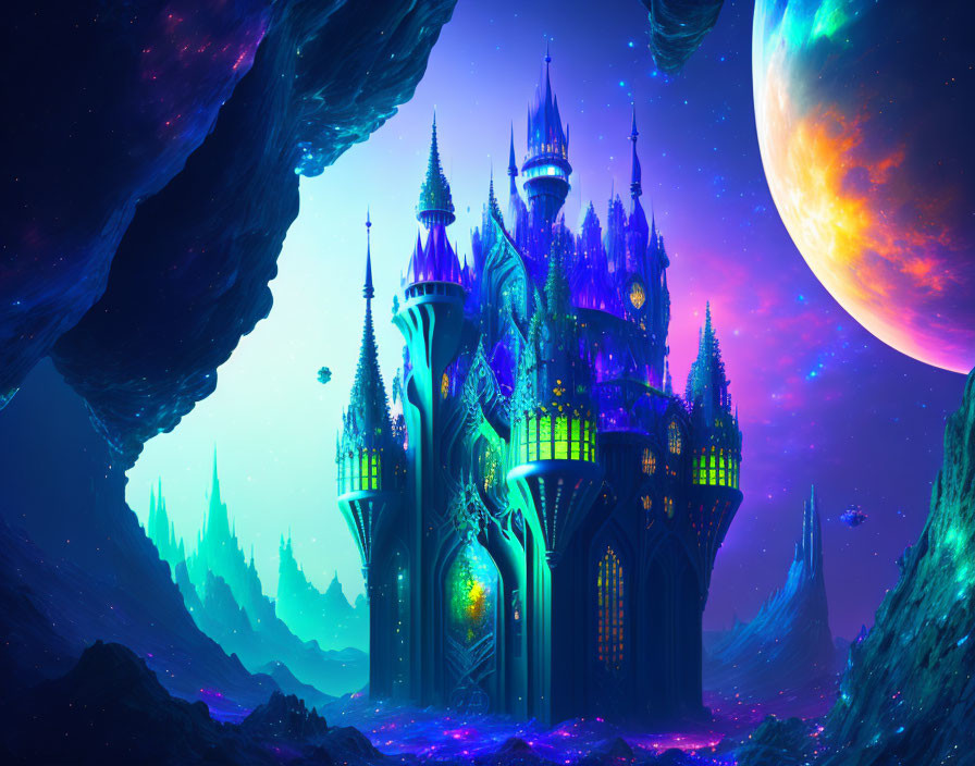 Neon-lit castle on alien terrain under starry sky