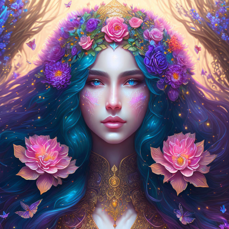 Fantasy portrait of woman with blue hair, floral crown, butterflies, vibrant colors