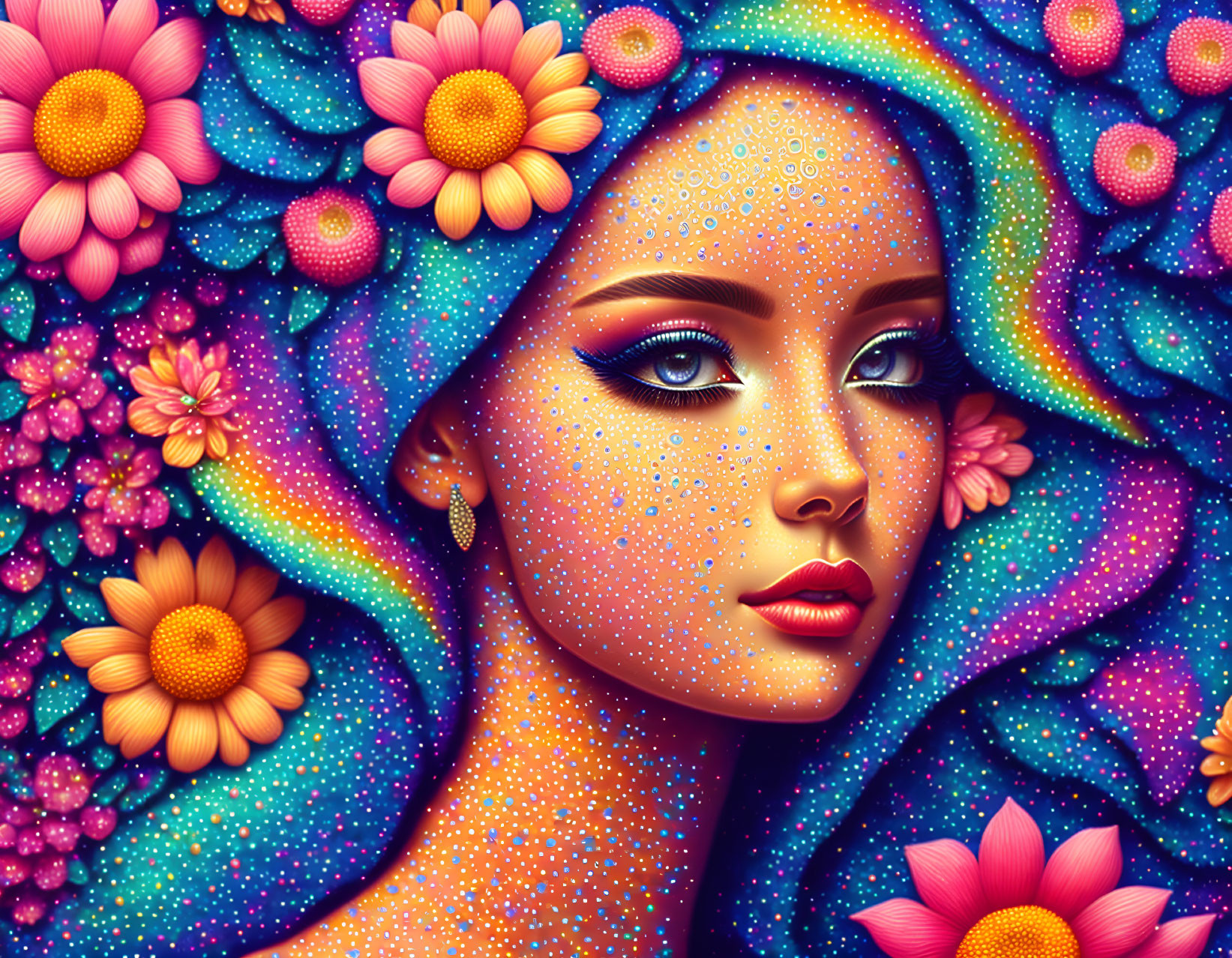 Colorful illustration of woman with blue hair and floral adornments in cosmic setting