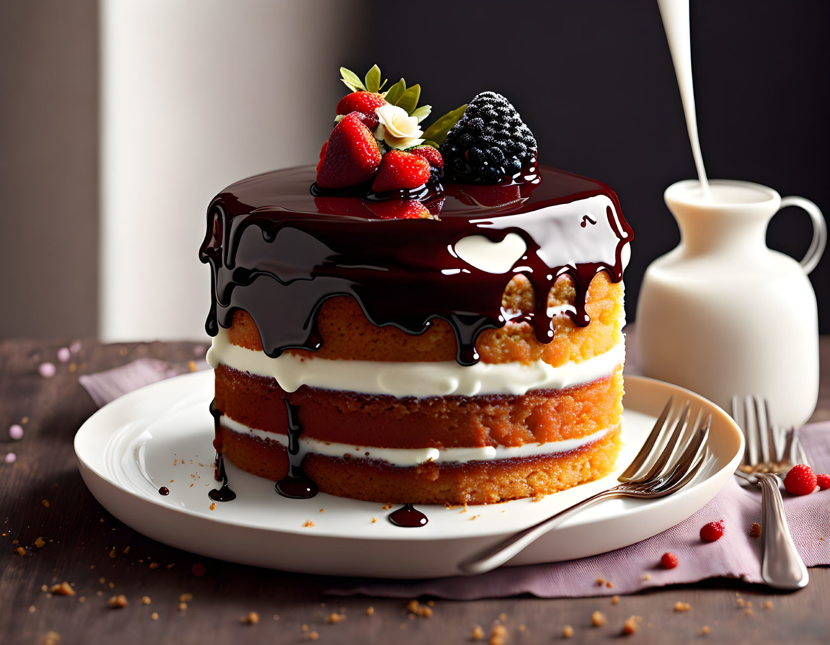 Layered sponge cake with cream, chocolate glaze, strawberries, and blackberries on white plate.