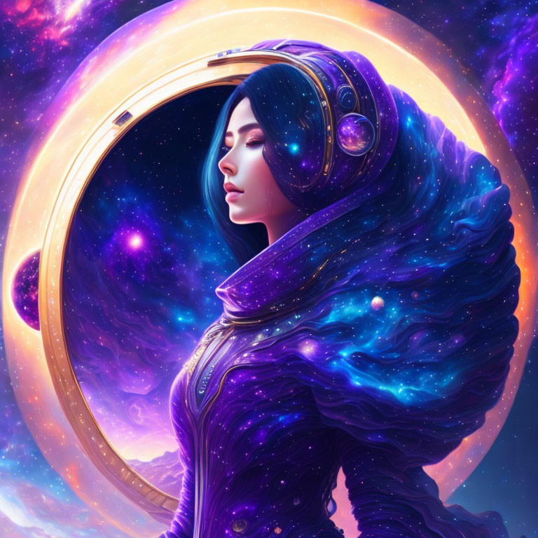 Digital artwork: Woman in space outfit with cosmic helmet in galaxy portal.