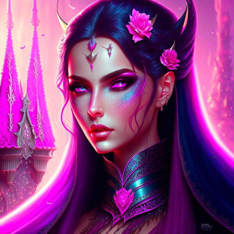 Fantasy illustration of a woman with sharp features and pink flowers in hair