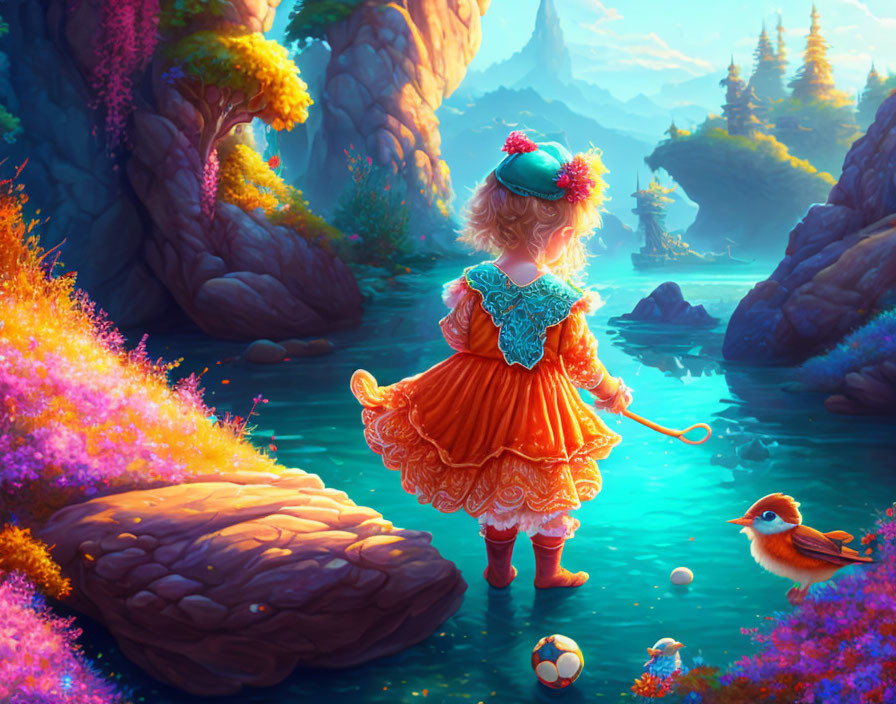 Young girl in orange dress by magical river with wand and colorful bird in whimsical forest