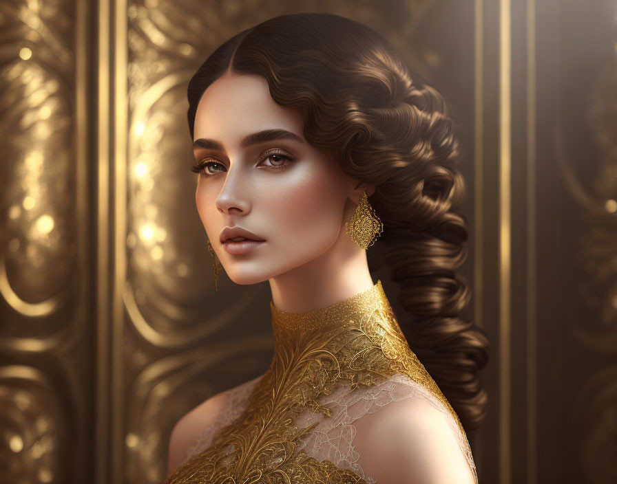 Woman with Intricate Hairstyle and Golden Dress Against Luxurious Backdrop