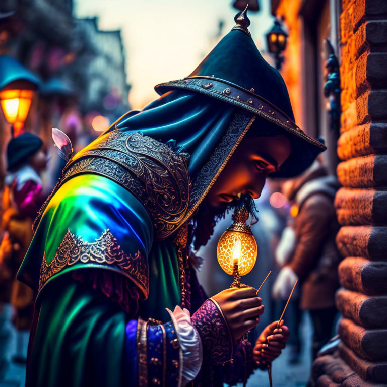 Medieval themed person with pointed hat and scepter in bustling street scene at dusk