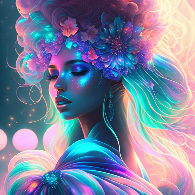 Colorful illustration: Woman with pastel hair and glowing flowers in radiant light