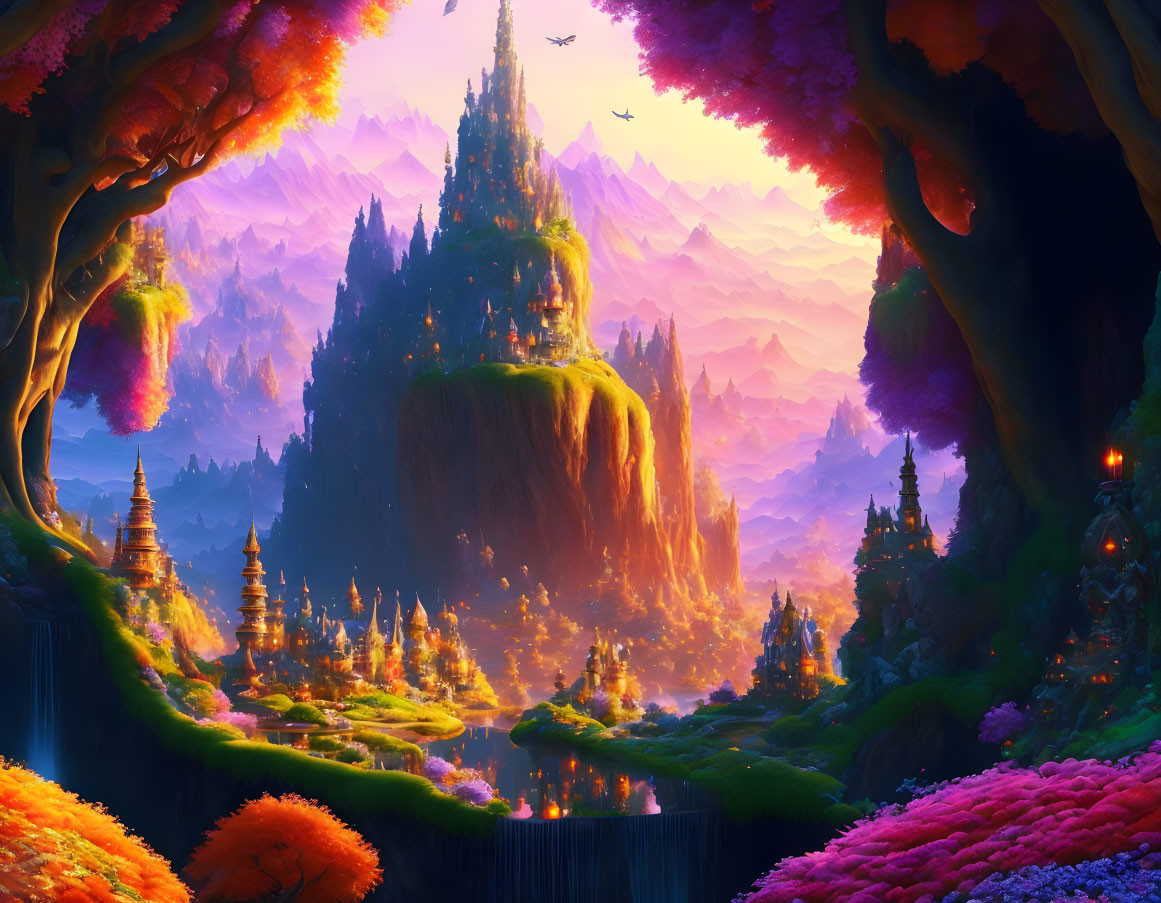 Fantasy landscape with waterfall, spires, and colorful flora