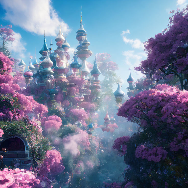 Fantasy landscape with pink blossoming trees, mist, and ornate castle under blue sky