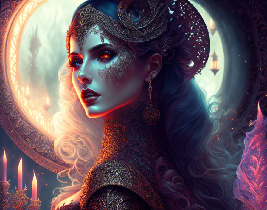 Illustrated fantasy woman with ornate headpiece and candles in mystical ambiance