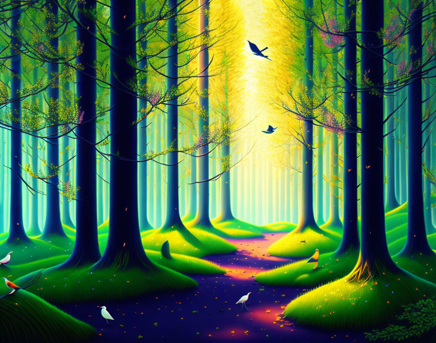 Enchanted forest with glowing trees, flying birds, golden leaves, twilight sky