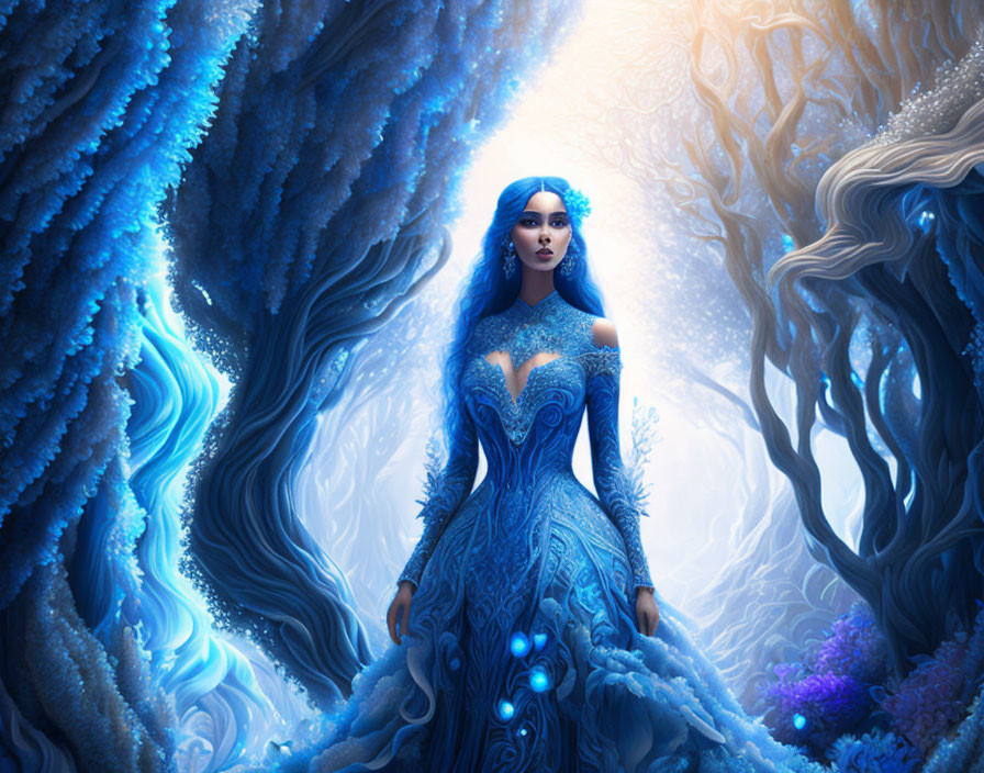 Mystical woman in intricate blue gown in enchanting forest