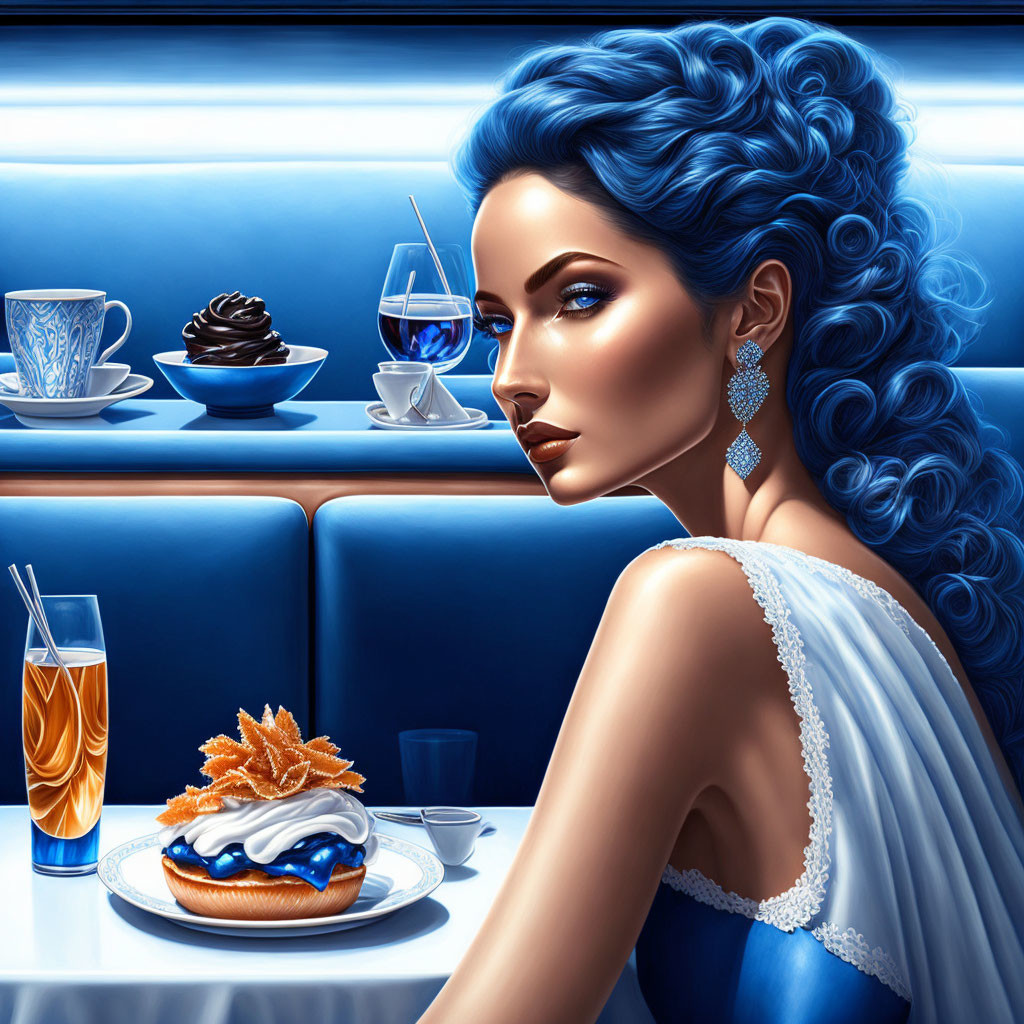 Illustration of woman with vibrant blue hair enjoying desserts at diner table