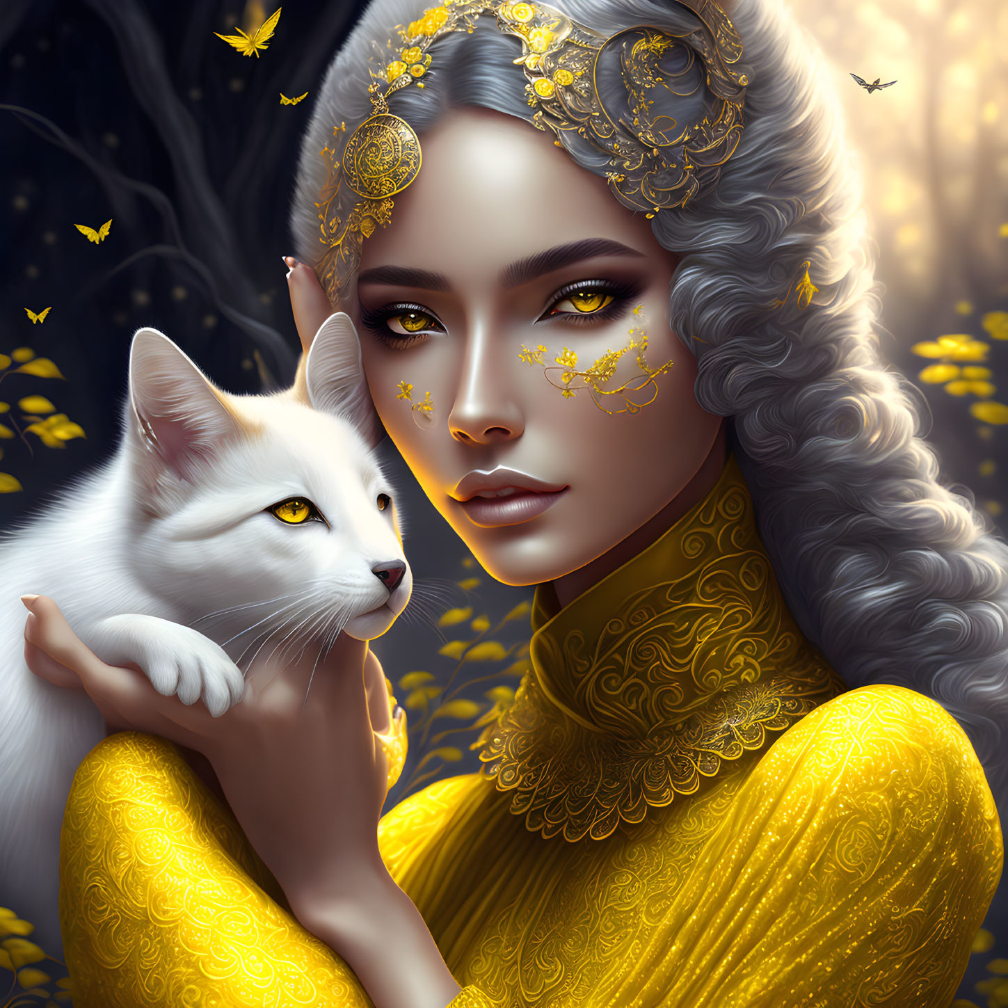 Digital illustration: Woman with golden jewelry and white cat in yellow floral backdrop