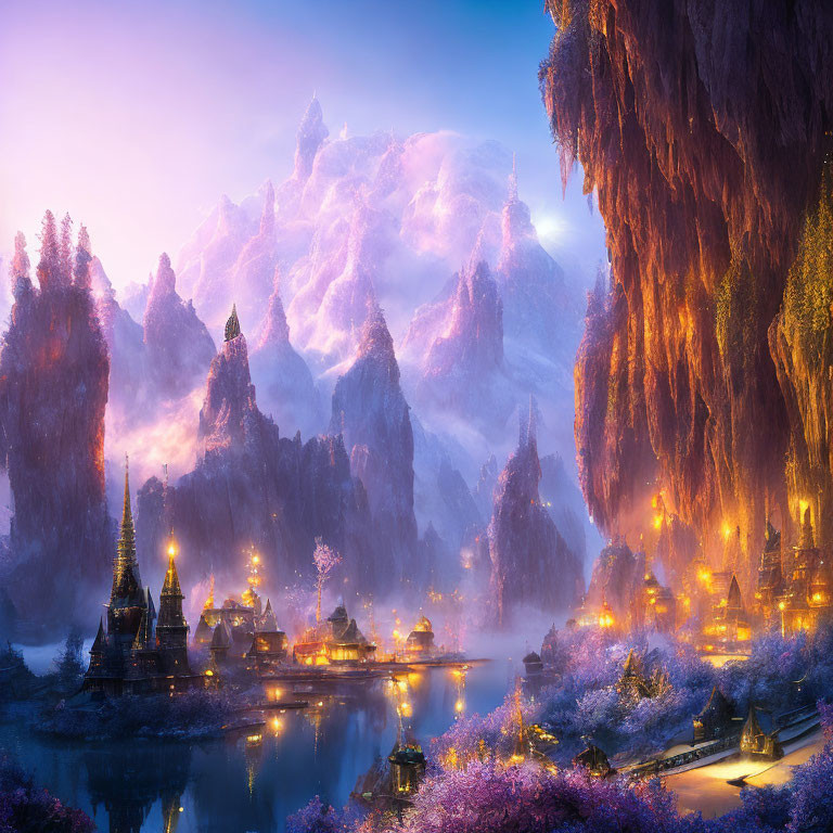 Mystical Valley with Illuminating Structures and Purple-tinted Mountains