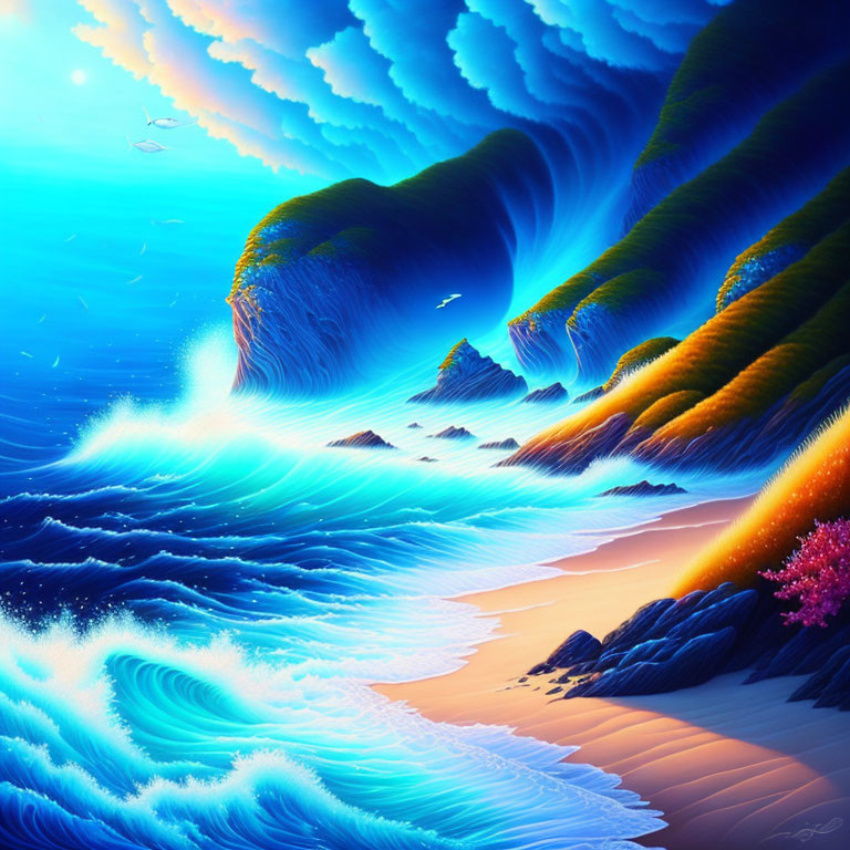 Colorful surreal seascape with towering waves, serene beach, blossoming tree