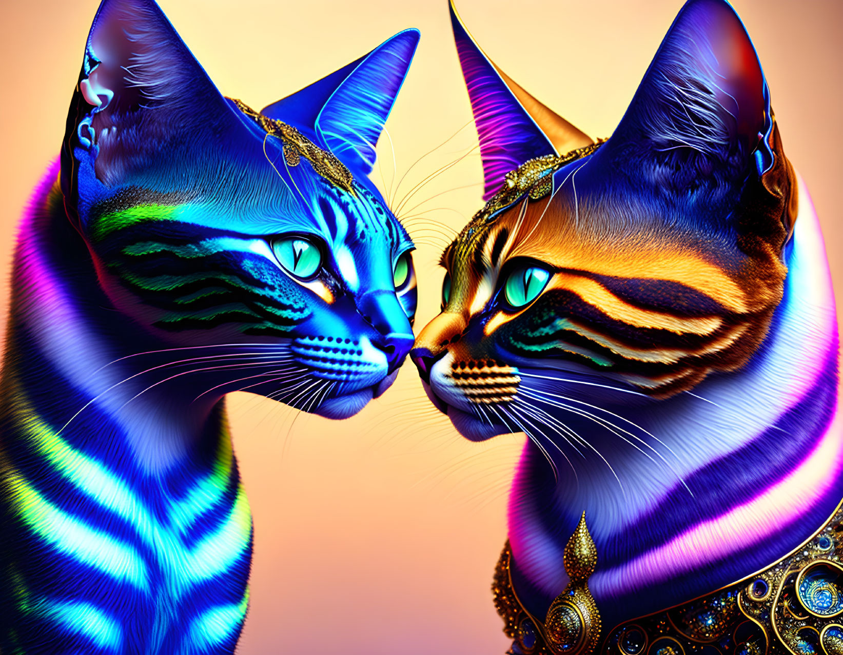 Vividly colored surreal cats with intricate fur patterns on gradient background