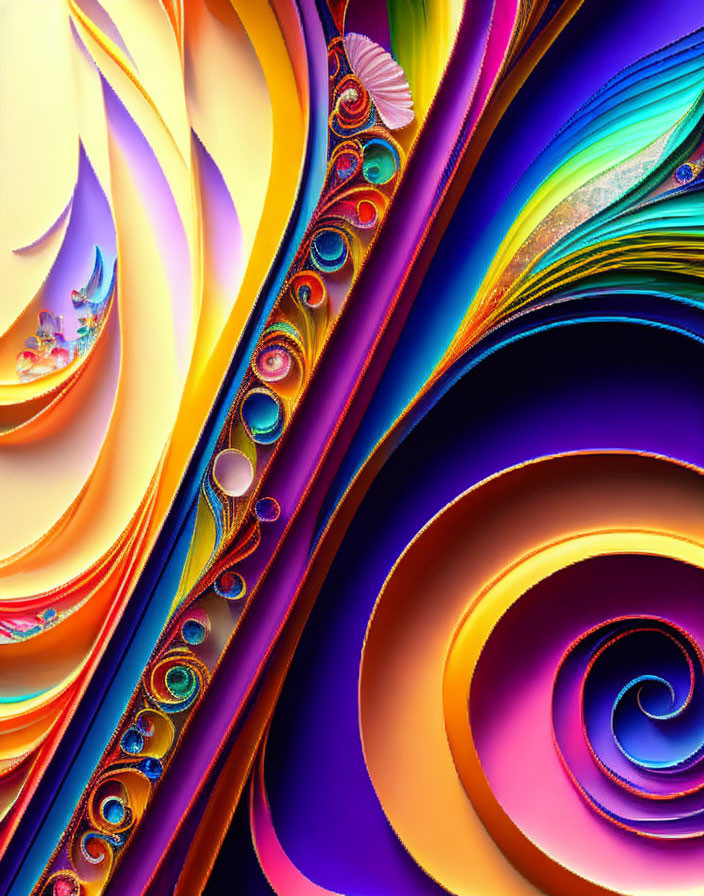 Colorful Abstract Digital Art: Feathers and Spirals in Glossy Swirls