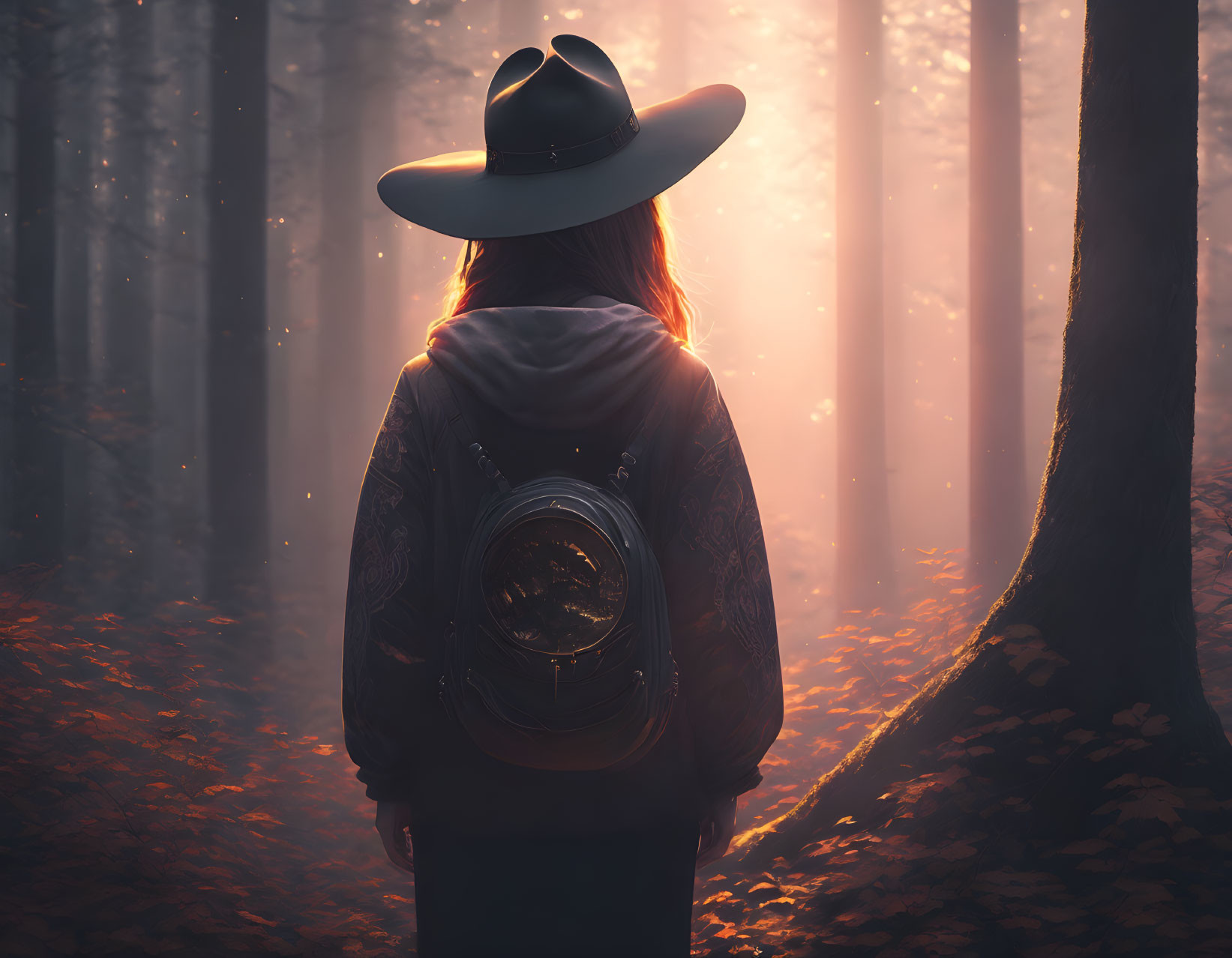 Cowboy-hat person in misty forest gazes at sunlight