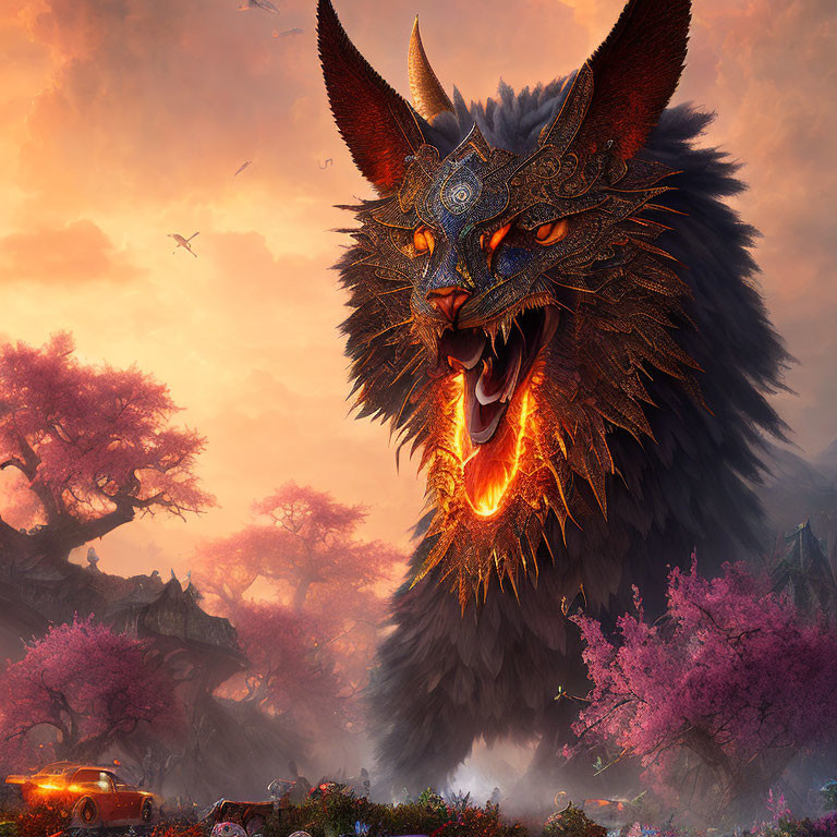 Majestic wolf with fiery eyes in mystical cherry blossom landscape