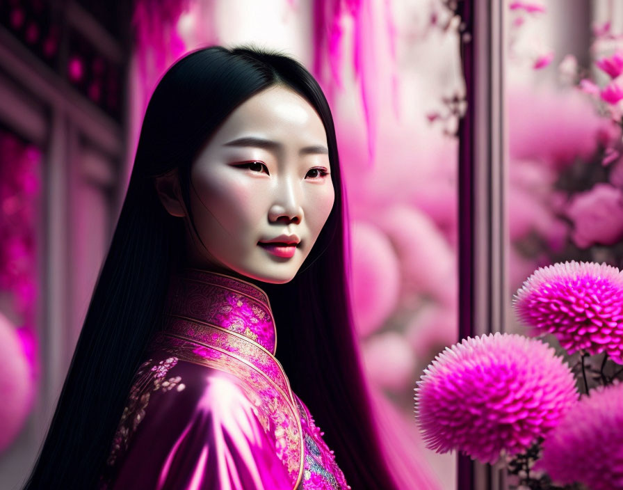 Traditional Pink Outfit Woman Standing by Pink Blossoms