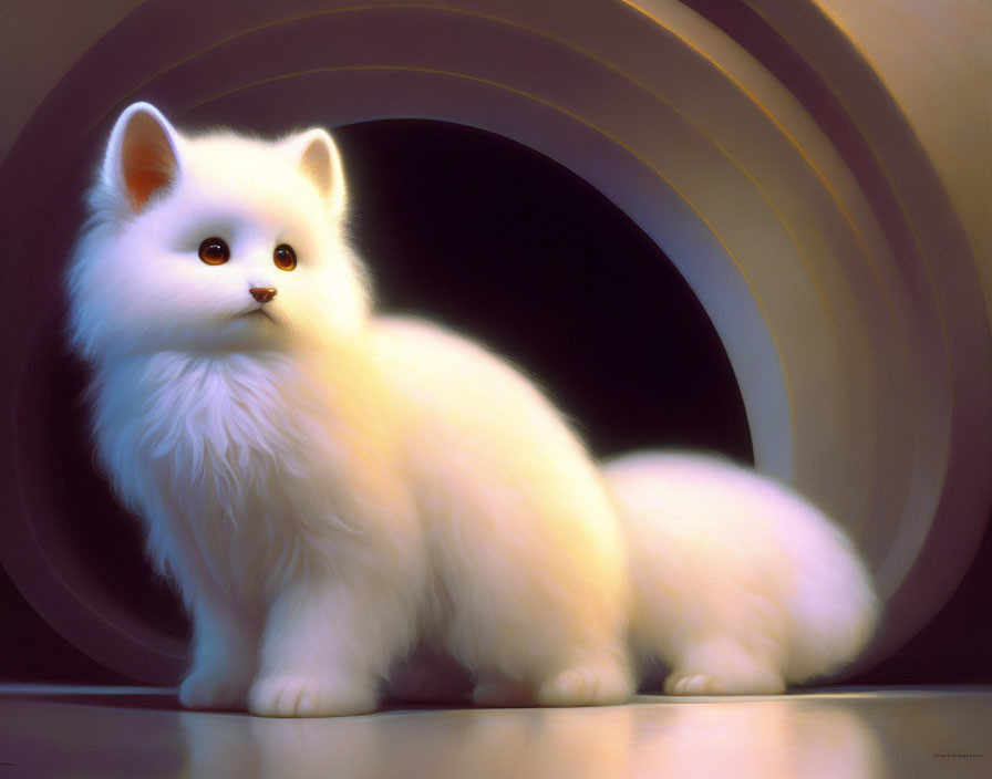 Fluffy White Cat with Bright Eyes on Dark Circular Background